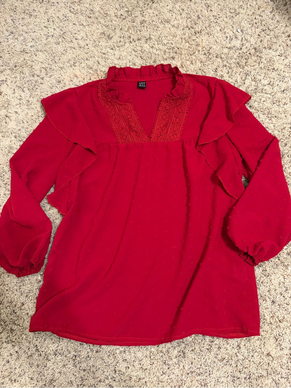 SHEIN Red Ruffle Lace V-Neck Blouse